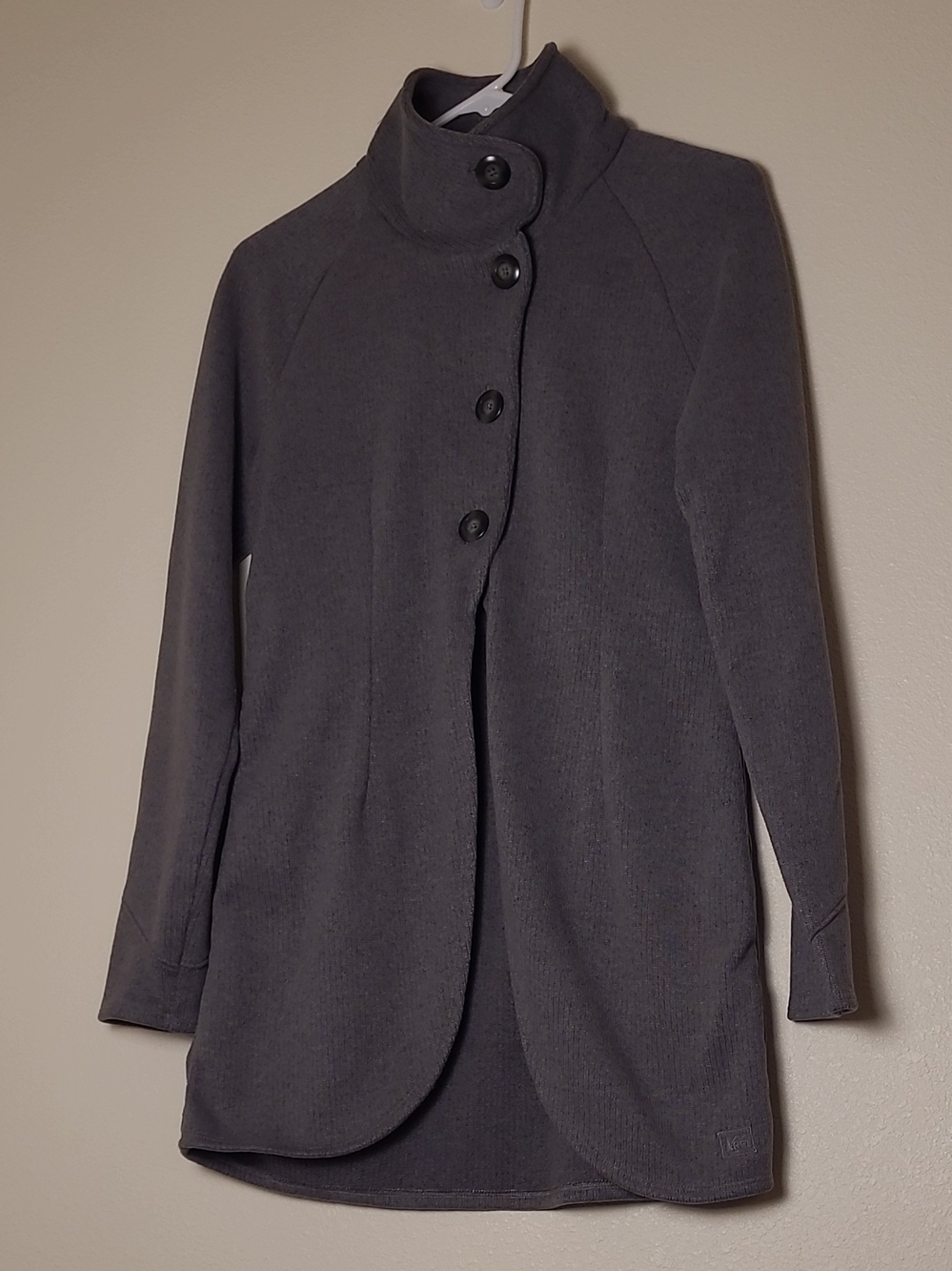 REI Co-Op Asymmetric Charcoal High-Collar Button Cardigan Coat Sz Small